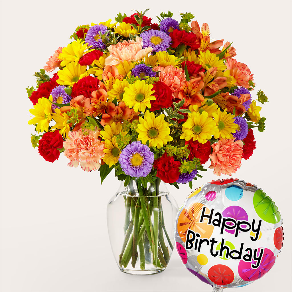 Kaleidoscope Bouquet with Birthday Balloon – Fantasy Decorations And Flower Shop, Hawthorne CA