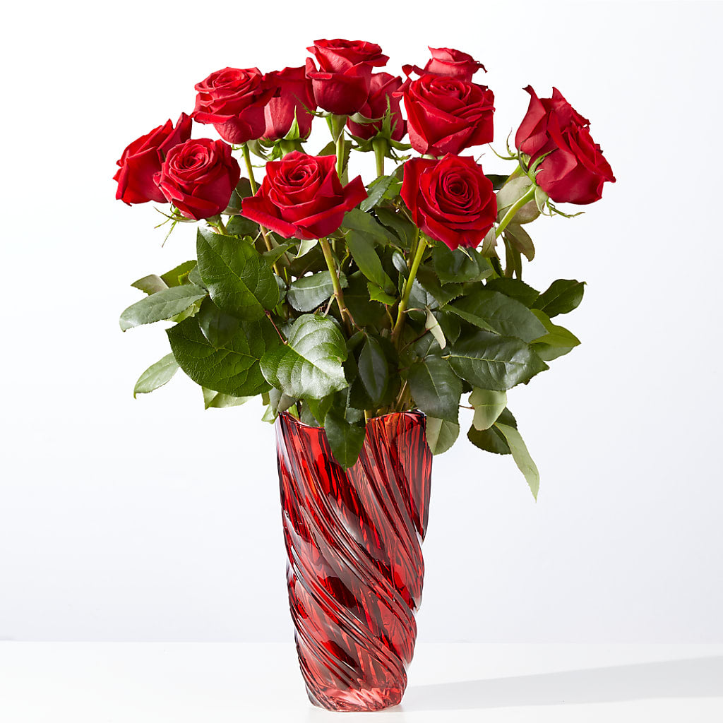 Classic Love Red Rose Bouquet with Luxe Swirl Vase – Fantasy Decorations And Flower Shop, Hawthorne CA
