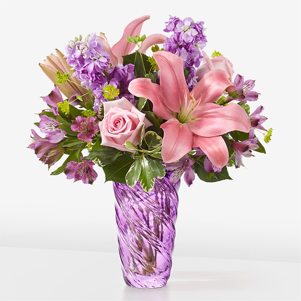 Precious Petals Bouquet with Luxe Swirl Vase – Fantasy Decorations And Flower Shop, Hawthorne CA