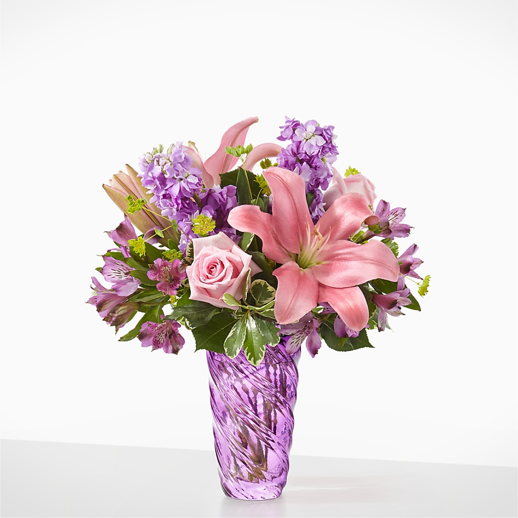 Precious Petals Bouquet with Luxe Swirl Vase – Fantasy Decorations And Flower Shop, Hawthorne CA
